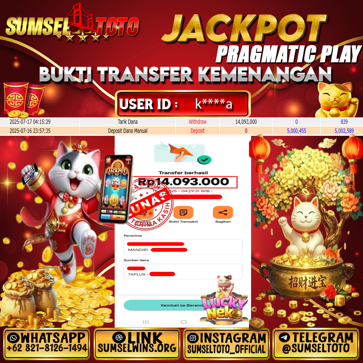SUMSELTOTO JACKPOT LUCKY NEKO Rp.14,093,000.,- LUNAS